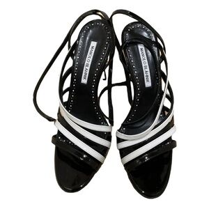 Manolo Blahnik Black White Patent Leather Strappy Stiletto Heel Sandals 40 1/2